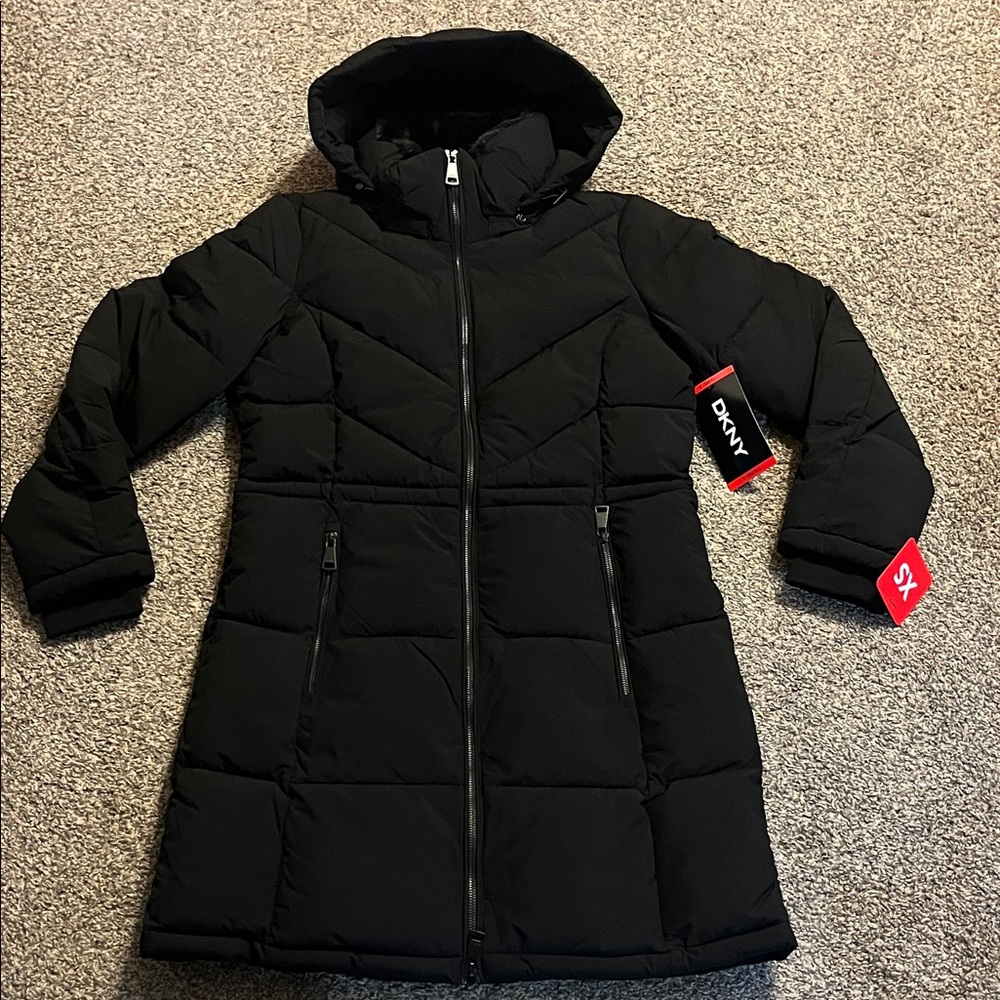 DKNY Women's Winter Hooded Black Puffer Jacket Size XS